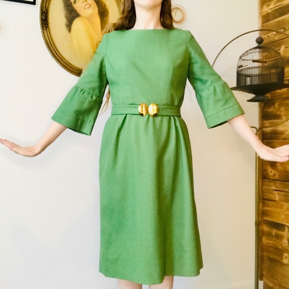 Vintage 1960s Forest Green Dress with Bell Sleeves and Matching Belt - Picture 1 of 8
